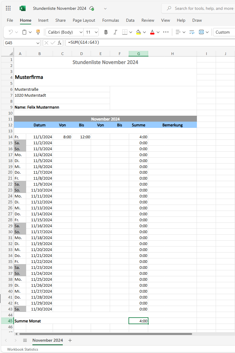 Microsoft Excel Timesheet
